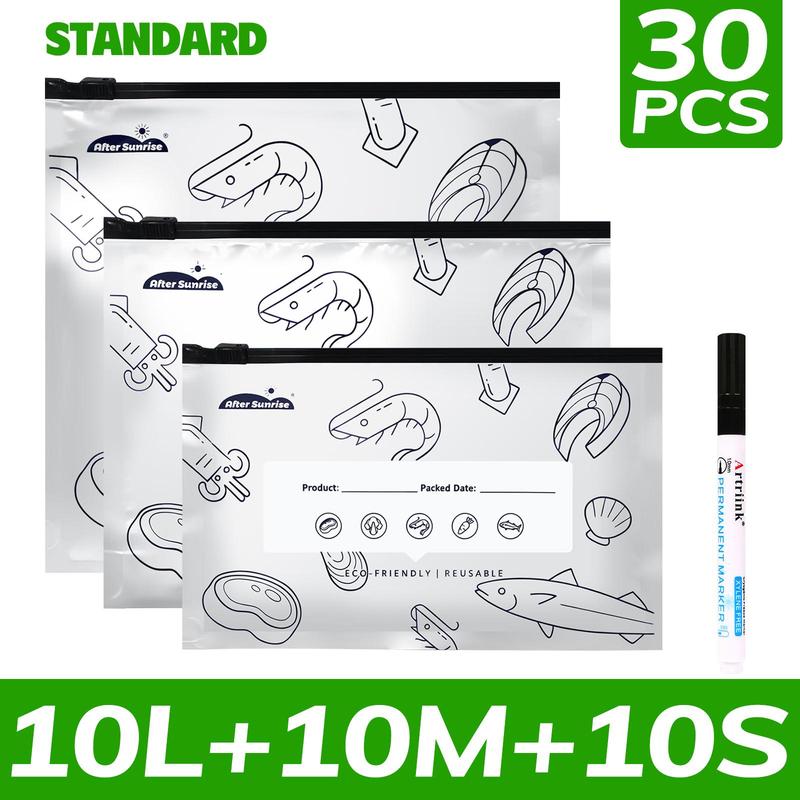 Resealable Foil Food Storage Bags with Markers – 60 Bags – 【Standard】30 PCS+1 PCS Freezer Marker