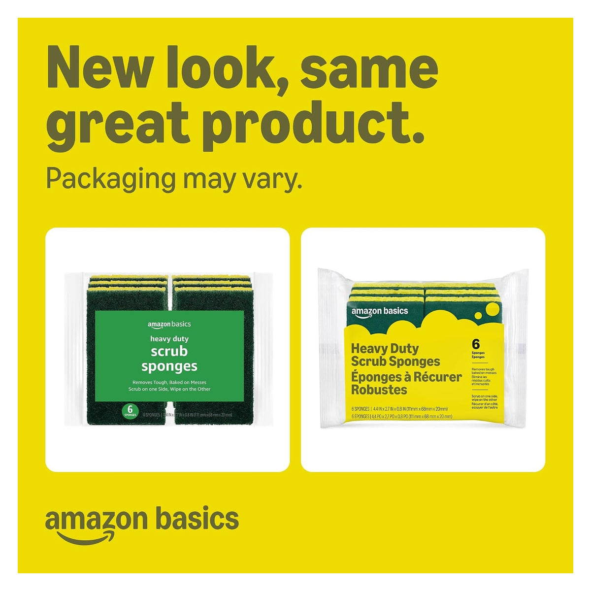 Amazon Basics Heavy Duty Scrub Sponges shown in two packaging versions side by side on a yellow background. Text reads 'New look, same great product. Packaging may vary.' Both packs show yellow and dark green dual-sided sponges.