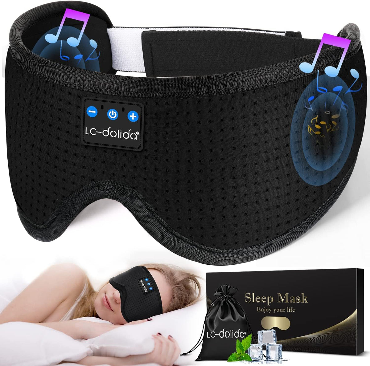 LC-dolida black sleep mask with built-in Bluetooth speakers, shown front view with control panel featuring power and volume buttons. Lifestyle shot below shows woman wearing it, alongside product packaging box labeled 'Sleep Mask - Enjoy your life'.