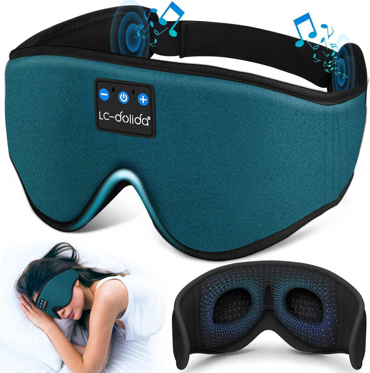 LC-dolida teal and black Bluetooth sleep mask with built-in speakers, showing control buttons on front. Includes lifestyle view of woman sleeping while wearing it, and interior view revealing padded speaker cavities.