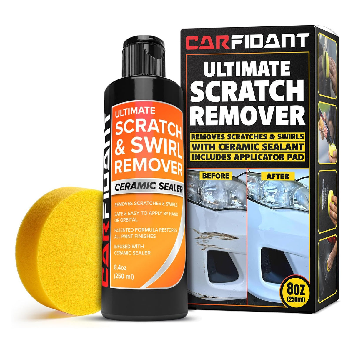 Carfidant Ultimate Scratch & Swirl Remover kit: black 8.4oz bottle with orange label, yellow foam applicator pad, and product box showing a before/after car paint comparison. Label reads 'Ceramic Sealer.'