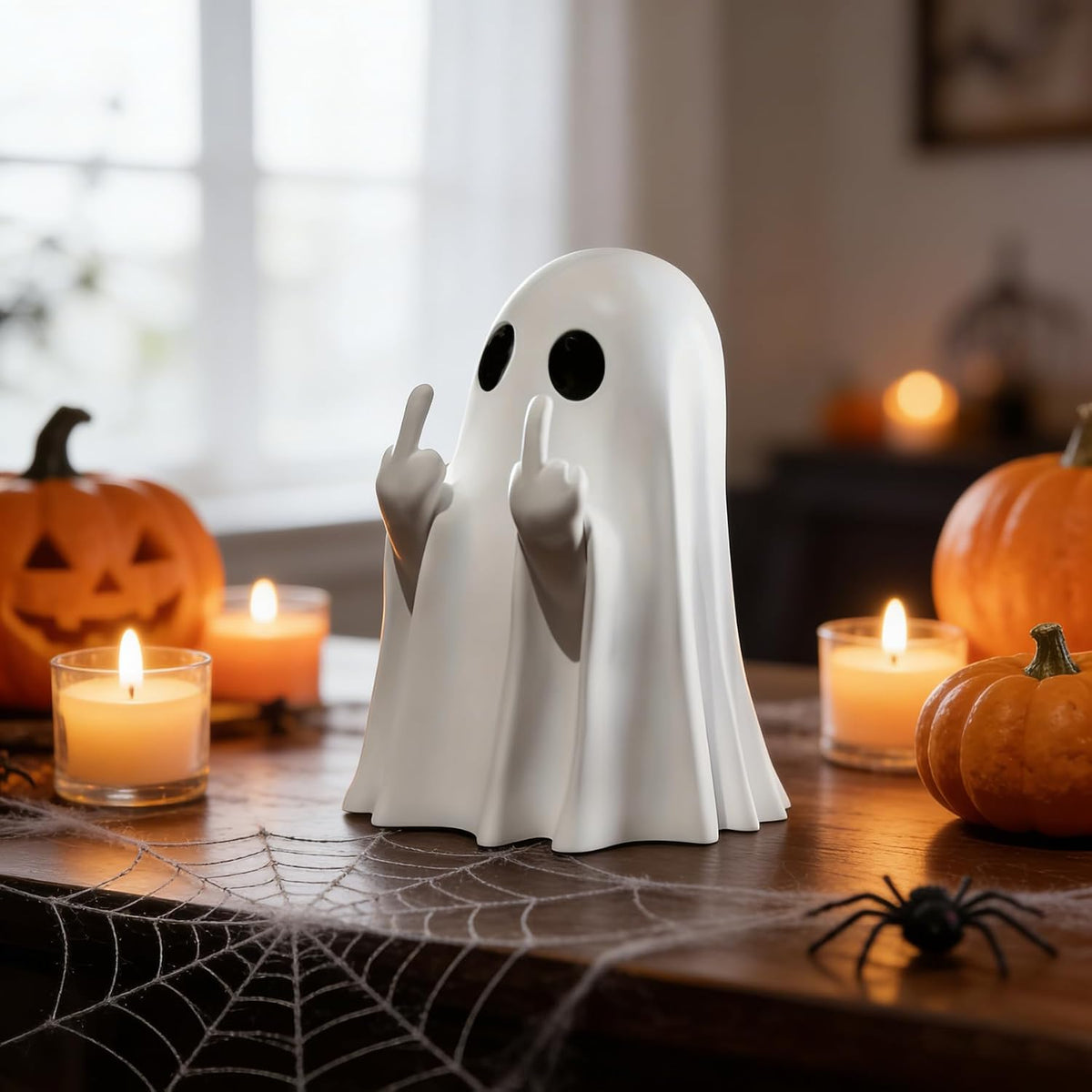 White ceramic ghost figurine with two black oval eyes and both hands raised giving middle finger gestures. Shown on a wood table with Halloween decor including jack-o-lanterns, lit candles, mini pumpkins, a spider, and a spiderweb table runner.
