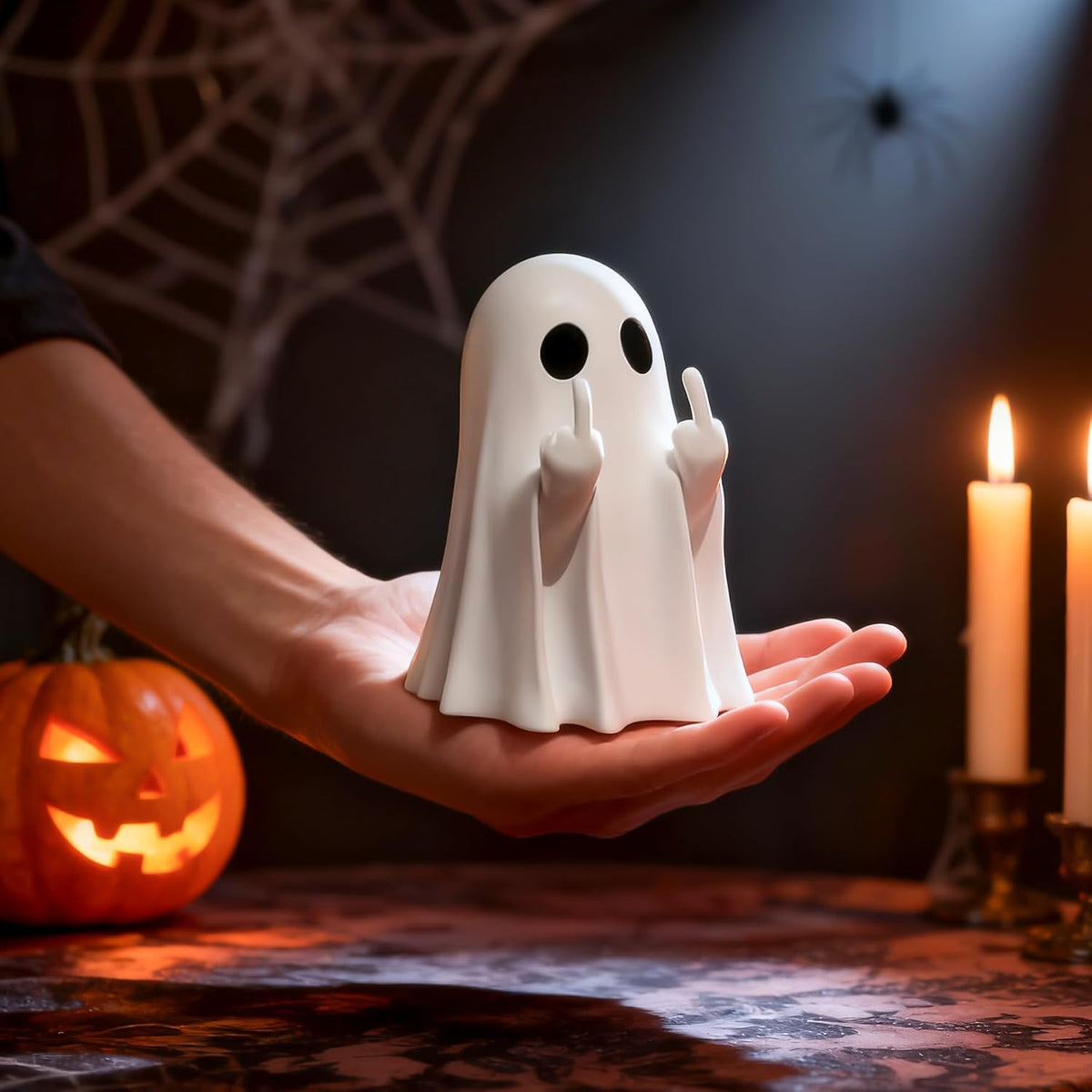 White ghost figurine held in an open palm, with a draped sheet shape, black oval eyes, and both middle fingers raised. Shown against a Halloween backdrop with a lit jack-o-lantern and candles., 3+ more images are available 3+
