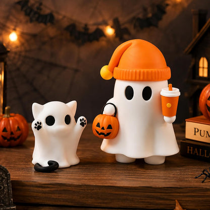 Cute Cat Halloween Ghost Figurine with Pumpkin Bucket and Orange Drink | 3D Printed Halloween Ghost Statue for Coffee Table Centerpieces Desk &amp; Halloween Party Decor