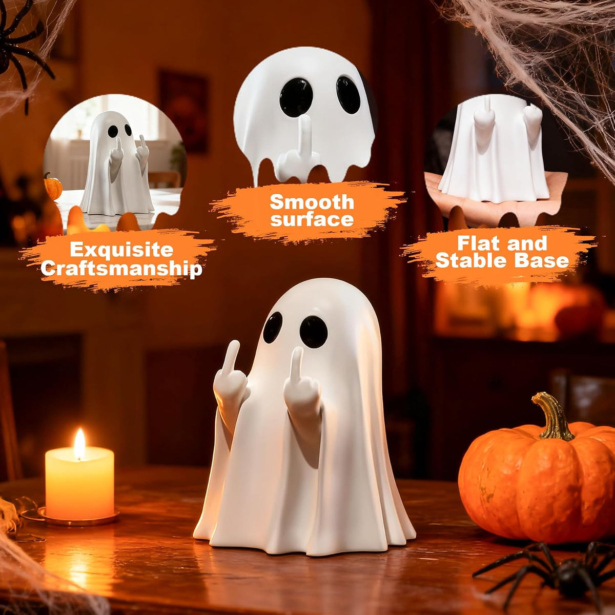 White ghost figurine with black oval eyes and a rude hand gesture, shown in a Halloween scene with pumpkins and candle. Three callout panels highlight Exquisite Craftsmanship, Smooth Surface, and Flat and Stable Base.