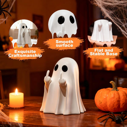 White ghost figurine with black oval eyes and a rude hand gesture, shown in a Halloween scene with pumpkins and candle. Three callout panels highlight Exquisite Craftsmanship, Smooth Surface, and Flat and Stable Base.