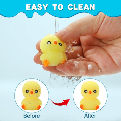 Promotional graphic showing a yellow chick squishy toy being rinsed under running water. Text reads 'Easy to Clean.' Two circular insets show a before (dirty, speckled) and after (clean, bright yellow) comparison.