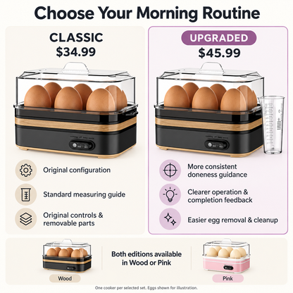 Classic $34.99 versus Upgraded $45.99; both editions available in Wood and Pink. One cooker per set.