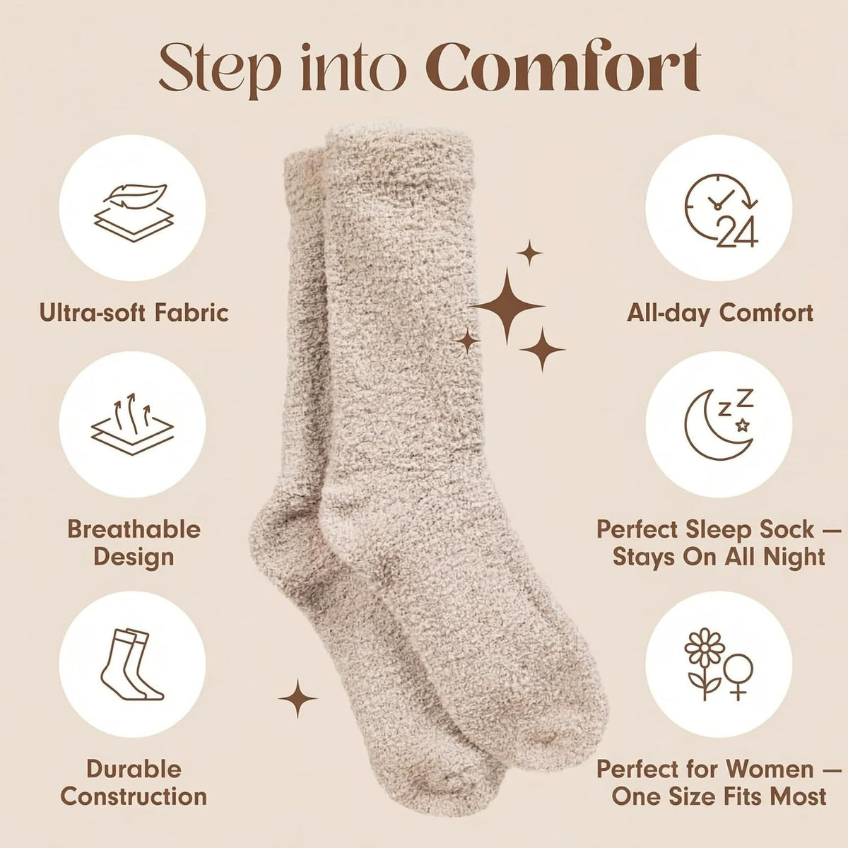 Promotional infographic for a pair of fluffy, textured crew socks in a warm beige-tan tone. Heading reads ''Step into Comfort'' with six feature callouts: Ultra-soft Fabric, Breathable Design, Durable Construction, All-day Comfort, Perfect Sleep Sock, and Perfect for Women - One Size Fits Most.