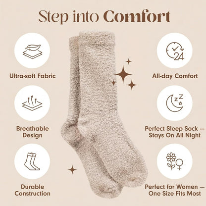 Promotional infographic for a pair of fluffy, textured crew socks in a warm beige-tan tone. Heading reads ''Step into Comfort'' with six feature callouts: Ultra-soft Fabric, Breathable Design, Durable Construction, All-day Comfort, Perfect Sleep Sock, and Perfect for Women - One Size Fits Most.