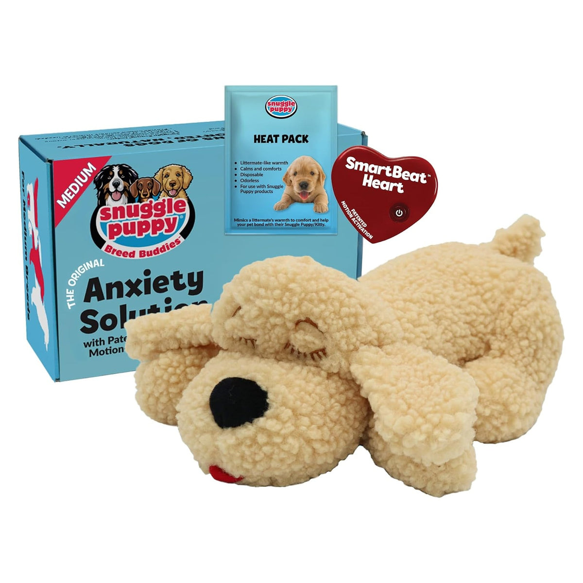 Snuggle Puppy anxiety relief set showing a fluffy cream-colored plush dog toy with a red SmartBeat Heart tag, alongside its light blue 'Breed Buddies' box labeled 'The Original Anxiety Solution' and a Heat Pack pouch.