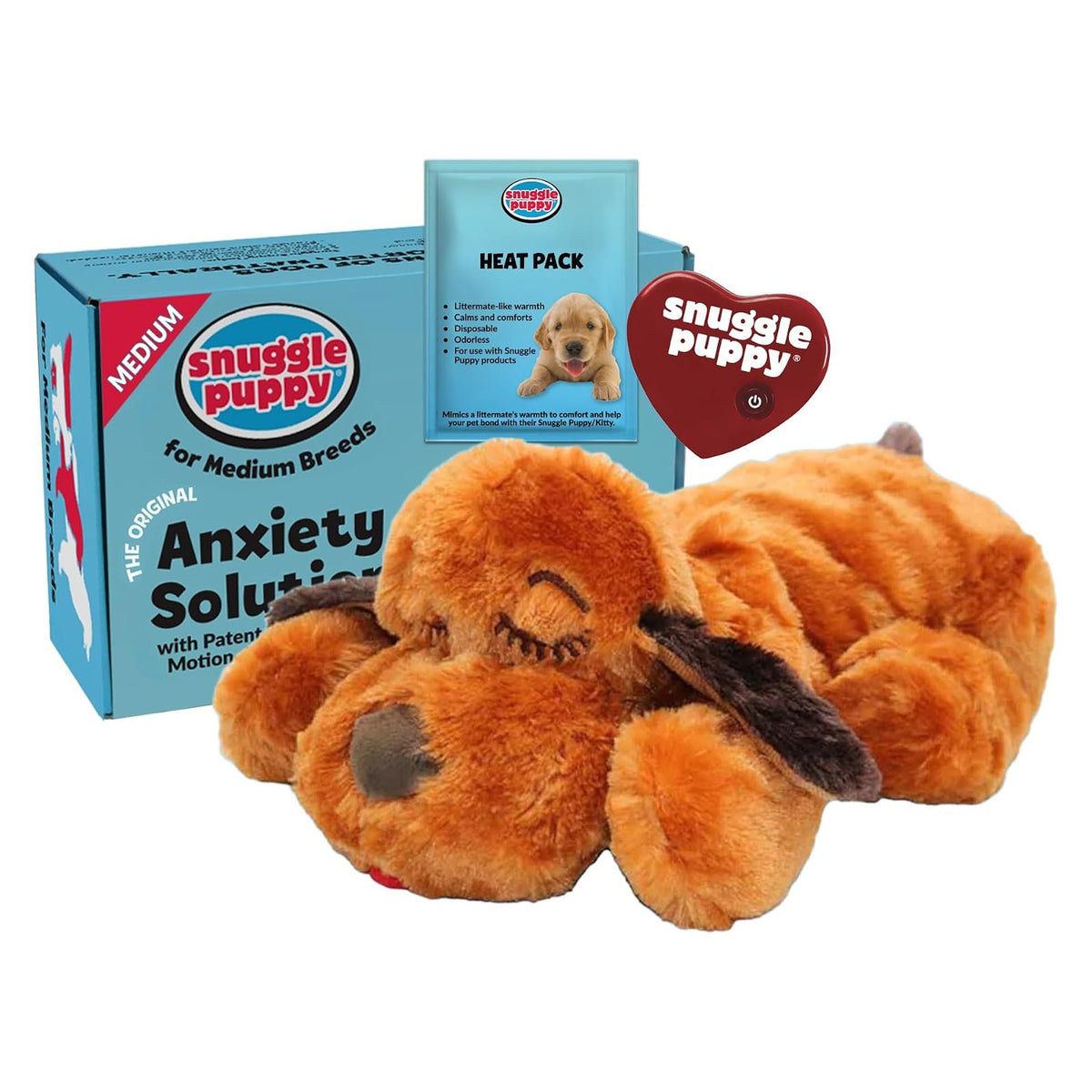 Snuggle Puppy plush dog toy in golden brown, shown with its light blue product box labeled 'Anxiety Solution for Medium Breeds' and a small blue Heat Pack accessory packet.