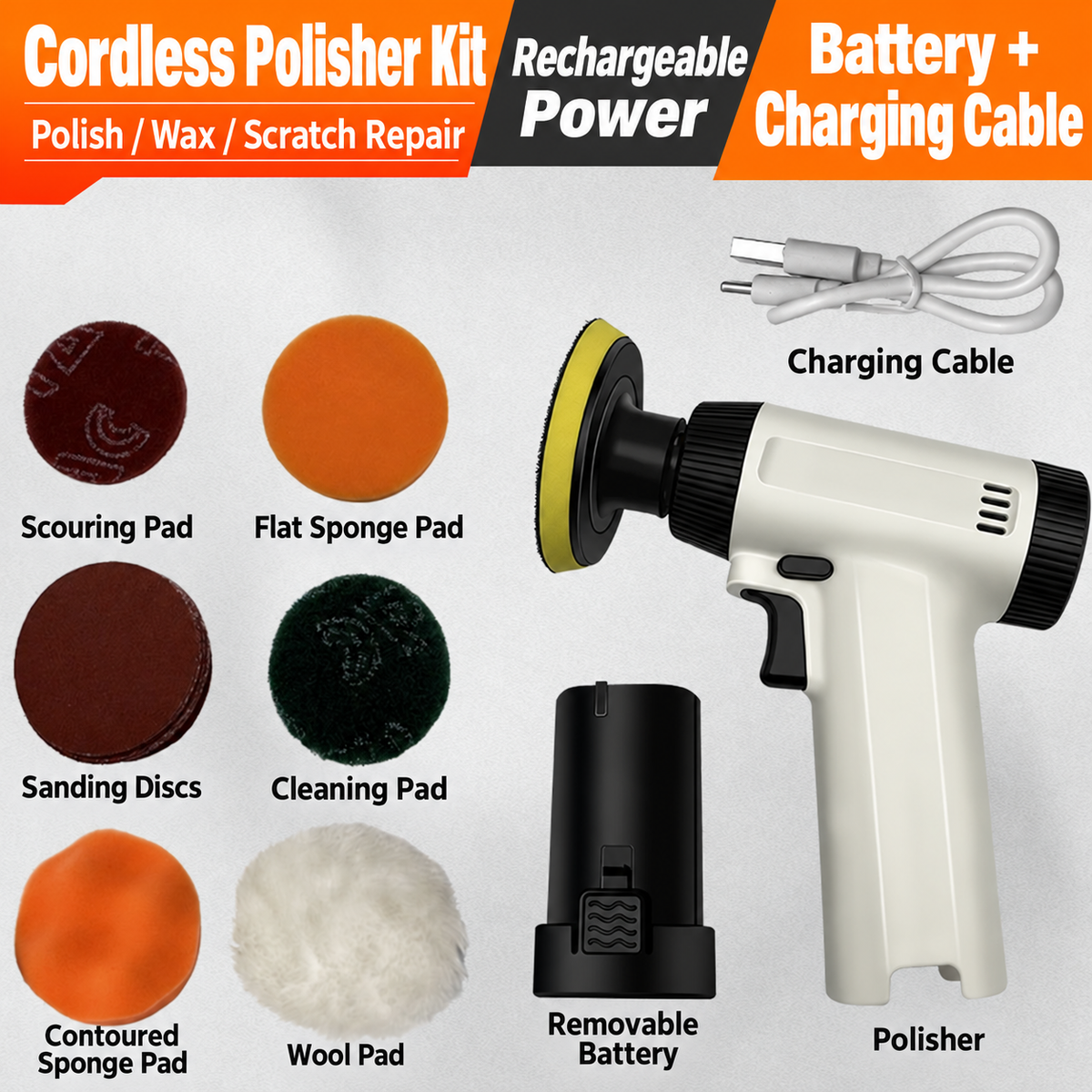 Full polisher kit with battery, charging cable and pads