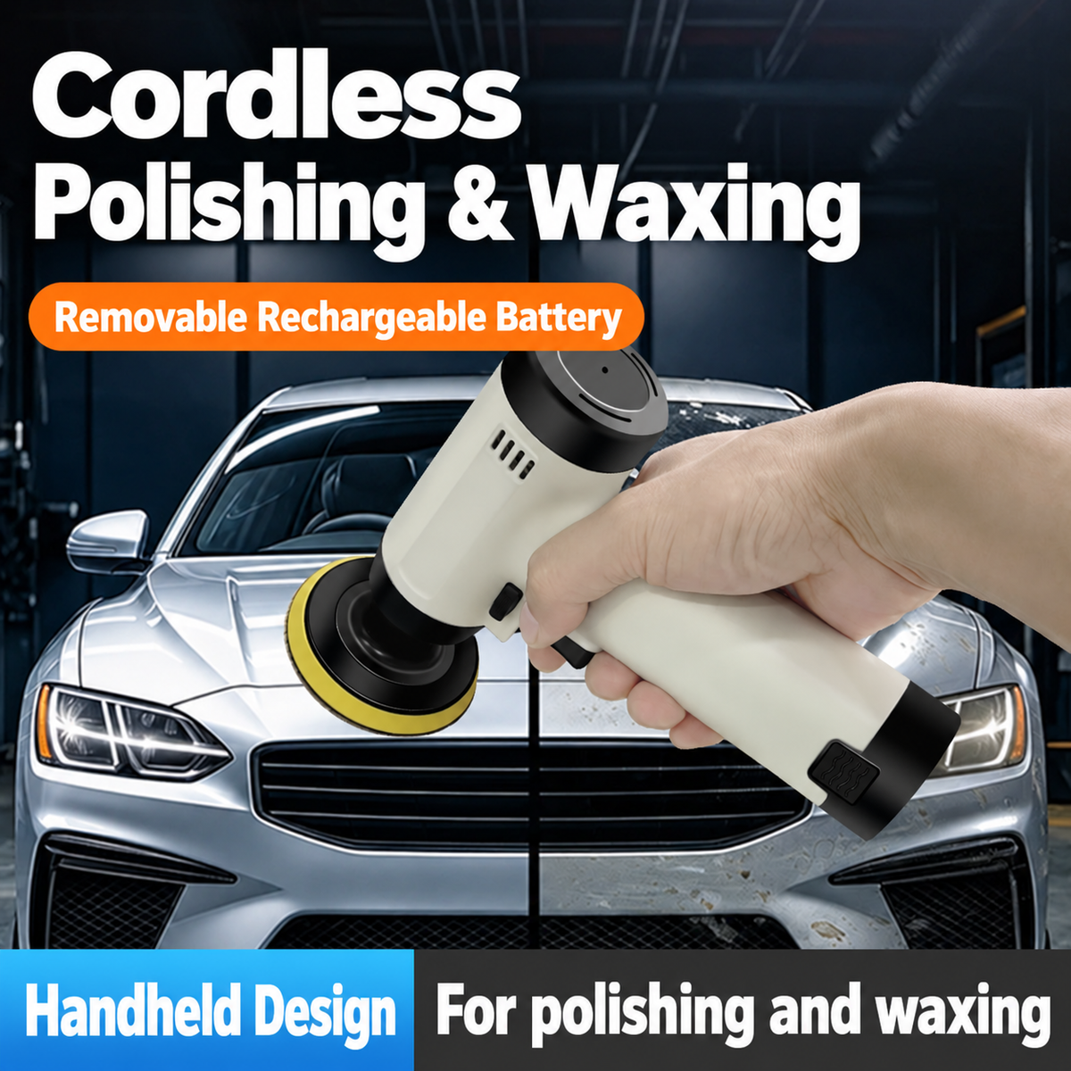 Cordless handheld polisher used for car care