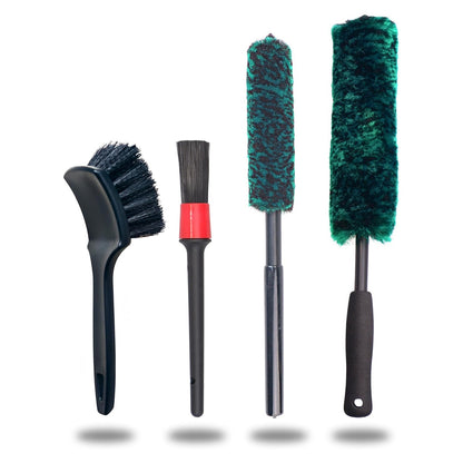 oesee Professional 4 Pack Long Handle Wheel Brush Kit for Cleaning Wheel and Tire- 2X Soft Wheel Cleaning Brush, Detailing Brush and Stiff Tire Brush, Bendable&amp; Durable Wheel Rim Cleaner Brush Set