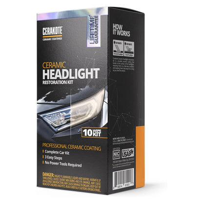 CERAKOTE® Ceramic Headlight Restoration Kit, 10 Wipe Kit | Restores clouded, yellowed headlights, ceramic UV protection, 3-step wipe system, no power tools needed