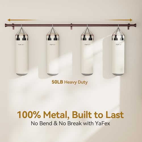 Promotional graphic showing a dark bronze metal curtain rod mounted on a wall supporting four hanging punching bags, demonstrating 50LB heavy duty strength. Text reads '100% Metal, Built to Last - No Bend & No Break with YaFex'