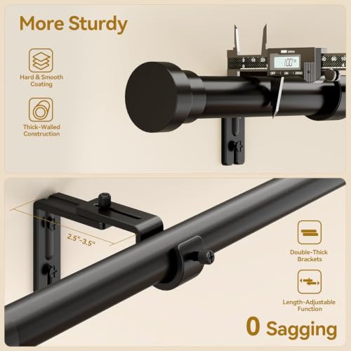 Promotional infographic for a black curtain rod showing two close-up panels. Top panel highlights hard coating and thick-walled construction with a caliper measuring 1 inch diameter. Bottom panel shows double-thick brackets with 2.5\"-3.5\" projection and length-adjustable function. Text reads 'More Sturdy' and '0 Sagging'.
