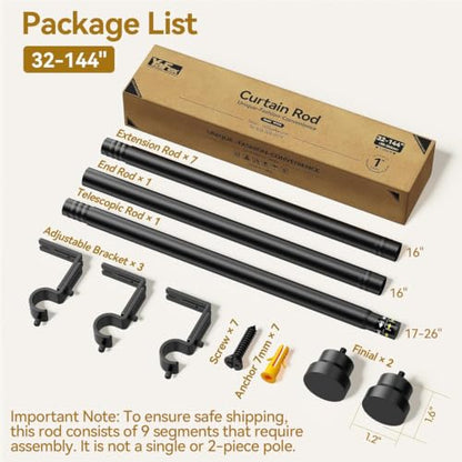 Package list infographic for a curtain rod set (32-144 inch range). Shows black rods, 3 adjustable brackets, 7 screws, 7 anchors, and 2 finials laid out with labels. Note states rod has 9 segments requiring assembly.