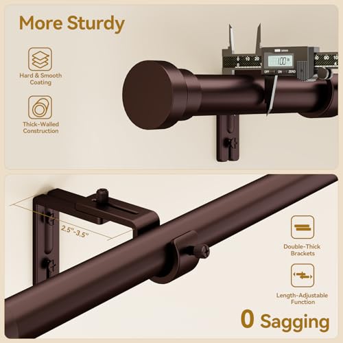 Two-panel infographic of a dark bronze curtain rod titled 'More Sturdy' and '0 Sagging.' Top panel shows a digital caliper measuring the 1-inch rod diameter. Bottom panel shows double-thick wall brackets with a 2.5-3.5 inch projection callout.