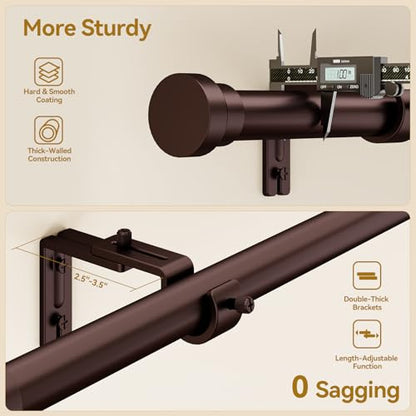 Two-panel infographic of a dark bronze curtain rod titled 'More Sturdy' and '0 Sagging.' Top panel shows a digital caliper measuring the 1-inch rod diameter. Bottom panel shows double-thick wall brackets with a 2.5-3.5 inch projection callout.