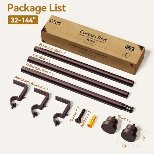 Package list infographic for a bronze curtain rod set (32-144 inch). Shows 7 extension rods, 1 end rod, 1 telescopic rod, 3 adjustable brackets, 7 screws, 7 anchors, and 2 finials, with a kraft box in the background., 2+ more images are available