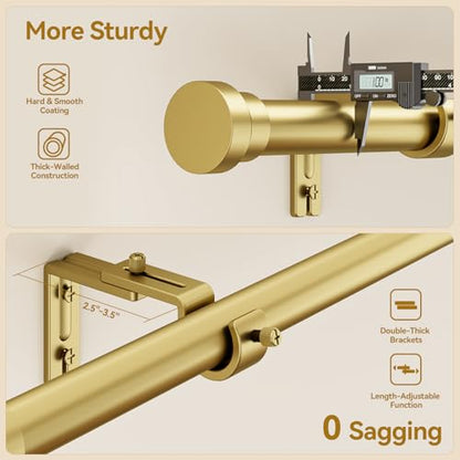 Gold curtain rod infographic split into two panels. Top panel shows rod end with digital caliper measuring 1.0 inch diameter, labeled 'More Sturdy' with callouts for hard smooth coating and thick-walled construction. Bottom panel shows bracket with 2.5-3.5 inch projection range, callouts for double-thick brackets and length-adjustable function, with '0 Sagging' text.