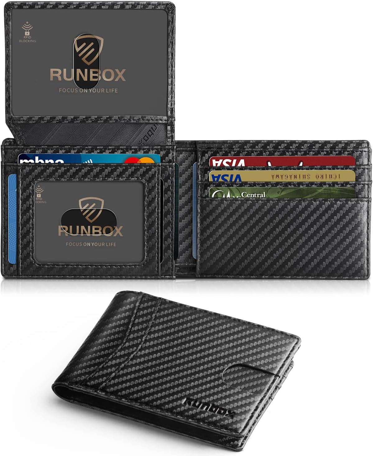 Carbon Black — RUNBOX Wallet for Men -Slim Rfid Leather Mens Bifold Novelty Wallets 2 ID Window With Gift Box Men's Accessories