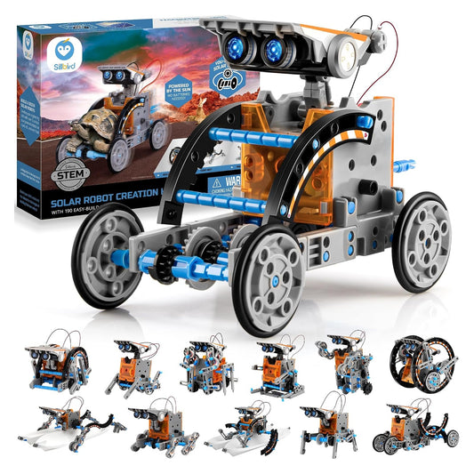 Sillbird Solar Robot Creation Kit showing a large assembled wheeled robot in gray, orange, and blue with blue LED eyes, beside its box. Below are 12 smaller robot configurations buildable from the same 190-piece set.