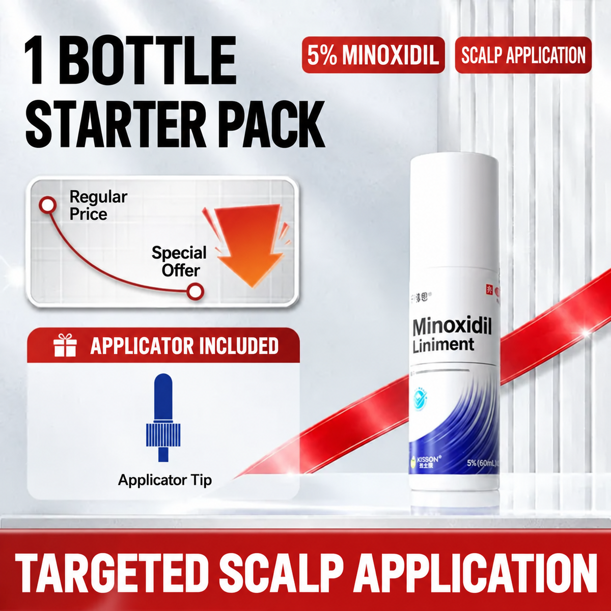 JISSBON 5% minoxidil bottle with applicator and English callouts
