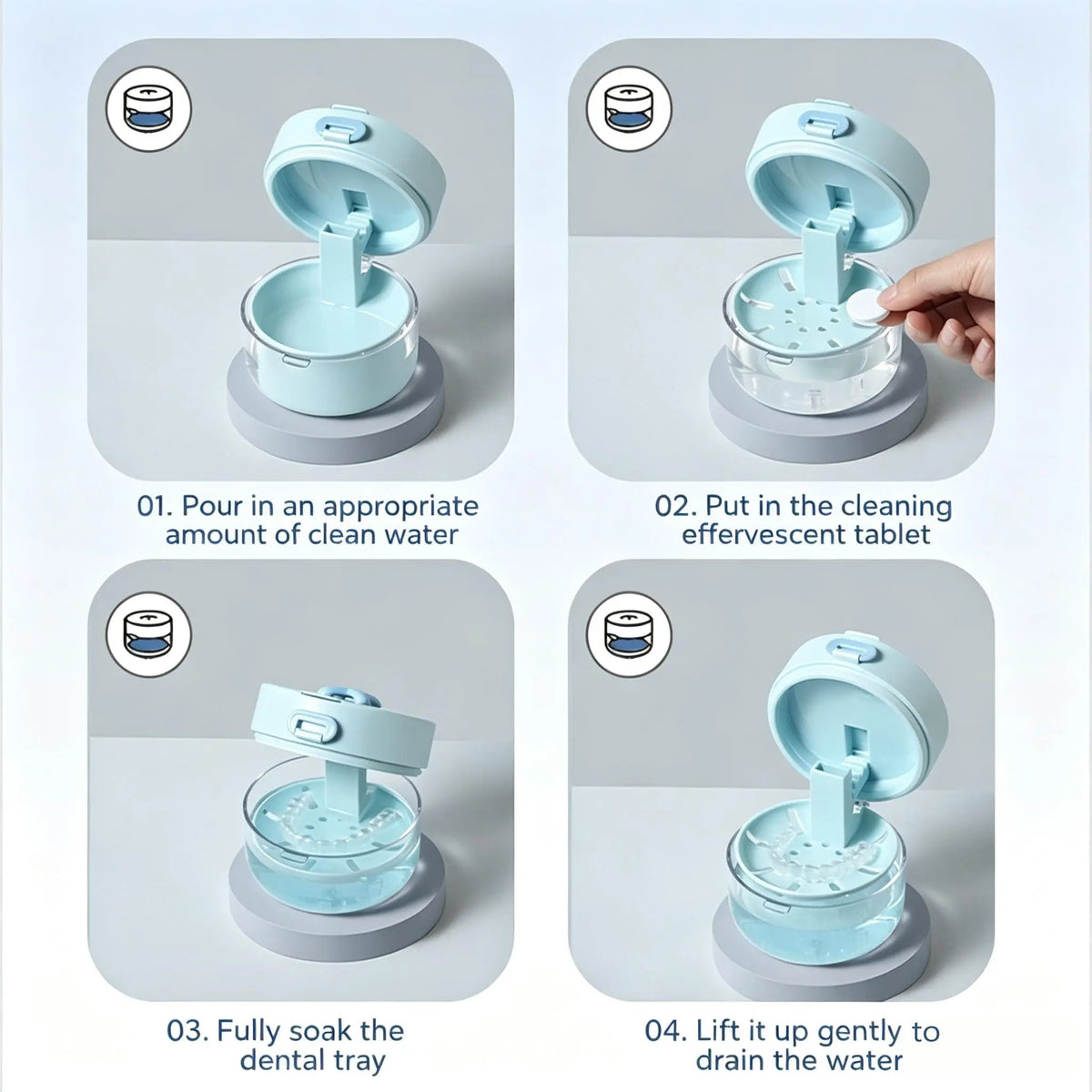Soak and lift the draining tray; cleaning tablets sold separately