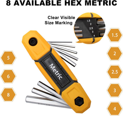 Folding metric hex key set with yellow and black grip handle, 8 silver allen wrenches fanned out. Hexagon badges show sizes: 1.5, 2, 2.5, 3, 4, 5, 6, 8mm. Inset shows close-up of size markings on keys.