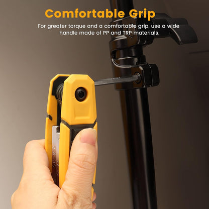Hand holding a yellow and black folding hex key tool, inserting a small allen wrench into a black metal clamp on a pole. Text reads 'Comfortable Grip' with a note about PP and TRP handle materials.