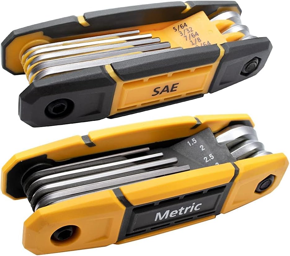 Two folding hex key wrench sets in yellow and black handles, shown side by side. Top unit labeled 'SAE' with sizes 5/64, 3/32, 7/64, 1/8, 1/64. Bottom unit labeled 'Metric' with sizes 1.5, 2, 2.5, 3 visible. Silver hex keys fan out from each handle.