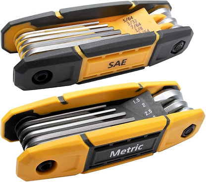 Two folding hex key wrench sets in yellow and black handles, shown side by side. Top unit labeled 'SAE' with sizes 5/64, 3/32, 7/64, 1/8, 1/64. Bottom unit labeled 'Metric' with sizes 1.5, 2, 2.5, 3 visible. Silver hex keys fan out from each handle.