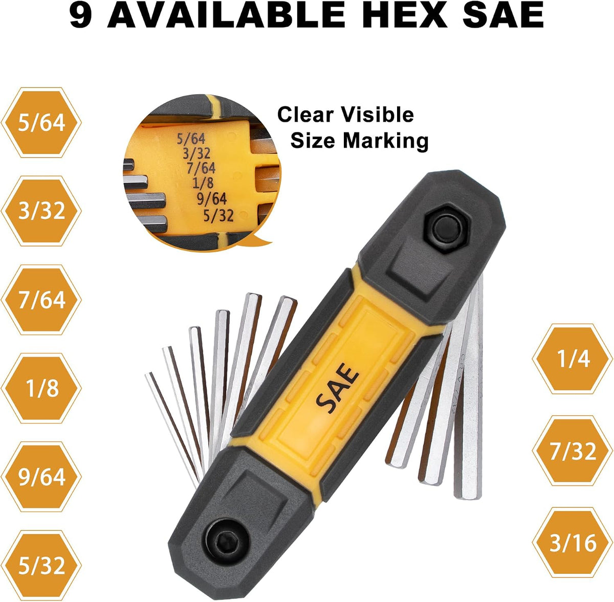Folding SAE hex key wrench set with yellow and black grip handle, shown open with 9 silver hex keys fanned out. Labeled sizes: 5/64, 3/32, 7/64, 1/8, 9/64, 5/32, 7/32, 1/4, 3/16. Callout highlights clear size markings on handle.