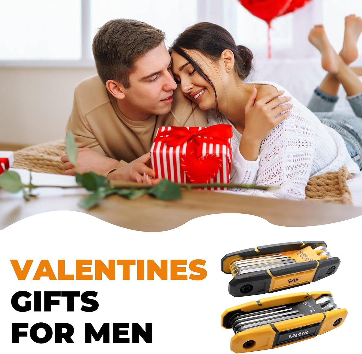Promotional Valentine's Day banner showing a couple with a red striped gift box, alongside two yellow and black folding hex key wrench sets labeled SAE and Metric. Text reads 'Valentines Gifts for Men'.