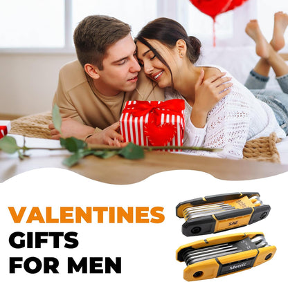 Promotional Valentine's Day banner showing a couple with a red striped gift box, alongside two yellow and black folding hex key wrench sets labeled SAE and Metric. Text reads 'Valentines Gifts for Men'.