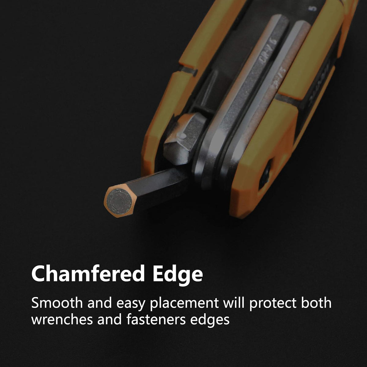 Close-up of a folding hex key wrench set with yellow and black handle, showing a chamfered tip on an extended allen key. Text reads 'Chamfered Edge - Smooth and easy placement will protect both wrenches and fasteners edges'