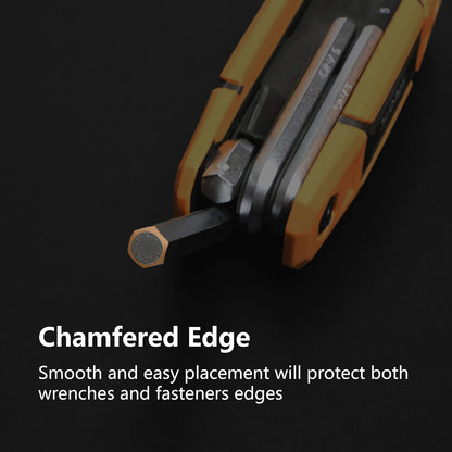 Close-up of a folding hex key wrench set with yellow and black handle, showing a chamfered tip on an extended allen key. Text reads 'Chamfered Edge - Smooth and easy placement will protect both wrenches and fasteners edges'