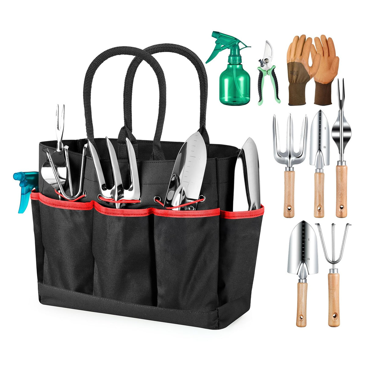 Grenebo Gardening Tool Set with Carrying Tote - Black Red