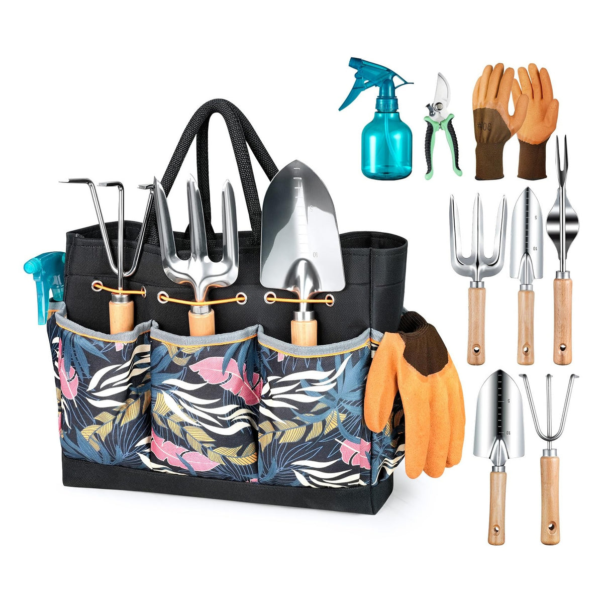 Grenebo Gardening Tool Set with Carrying Tote - Black