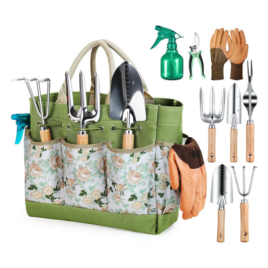 Grenebo Gardening Tool Set with Carrying Tote - Green