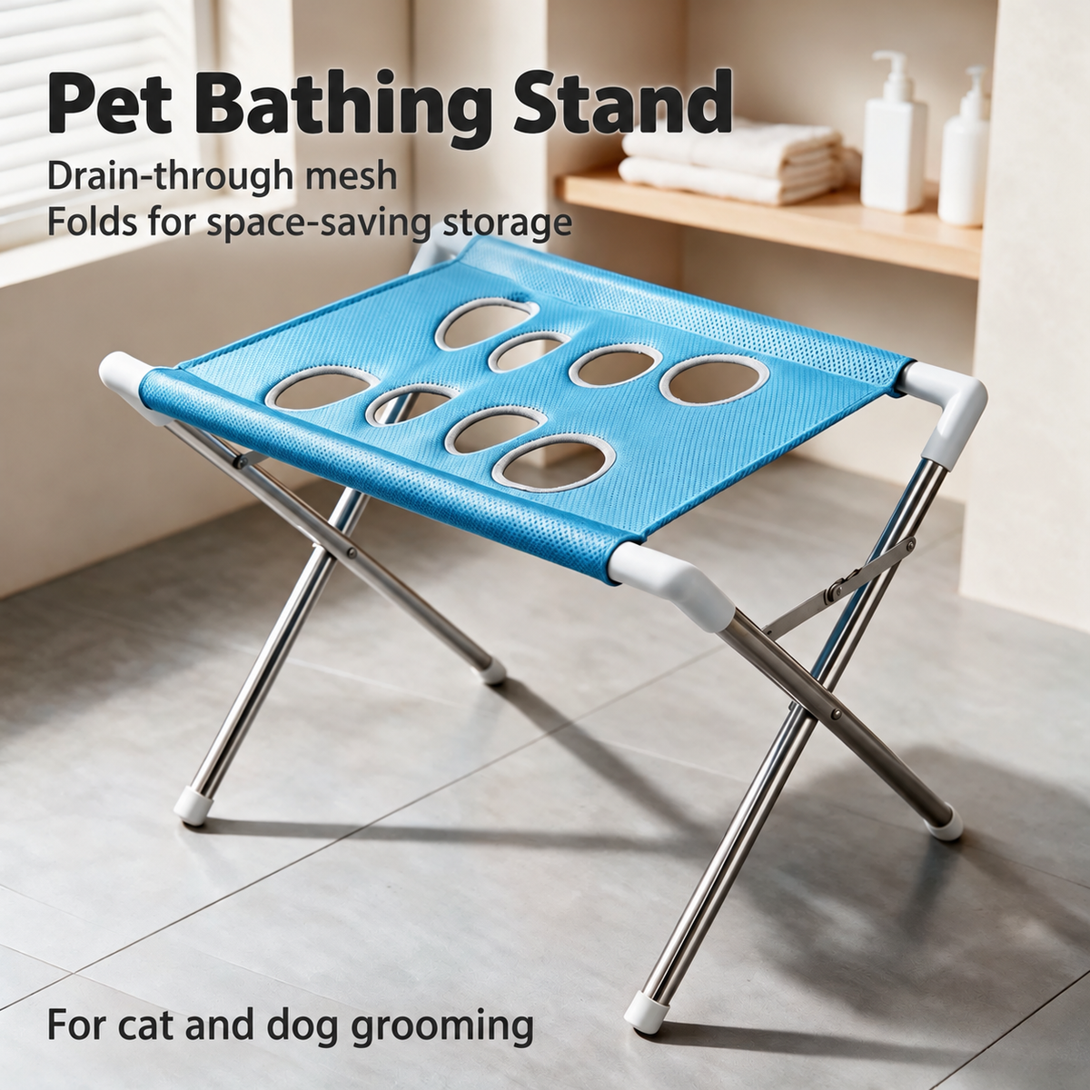 Blue pet bathing stand in a bathroom