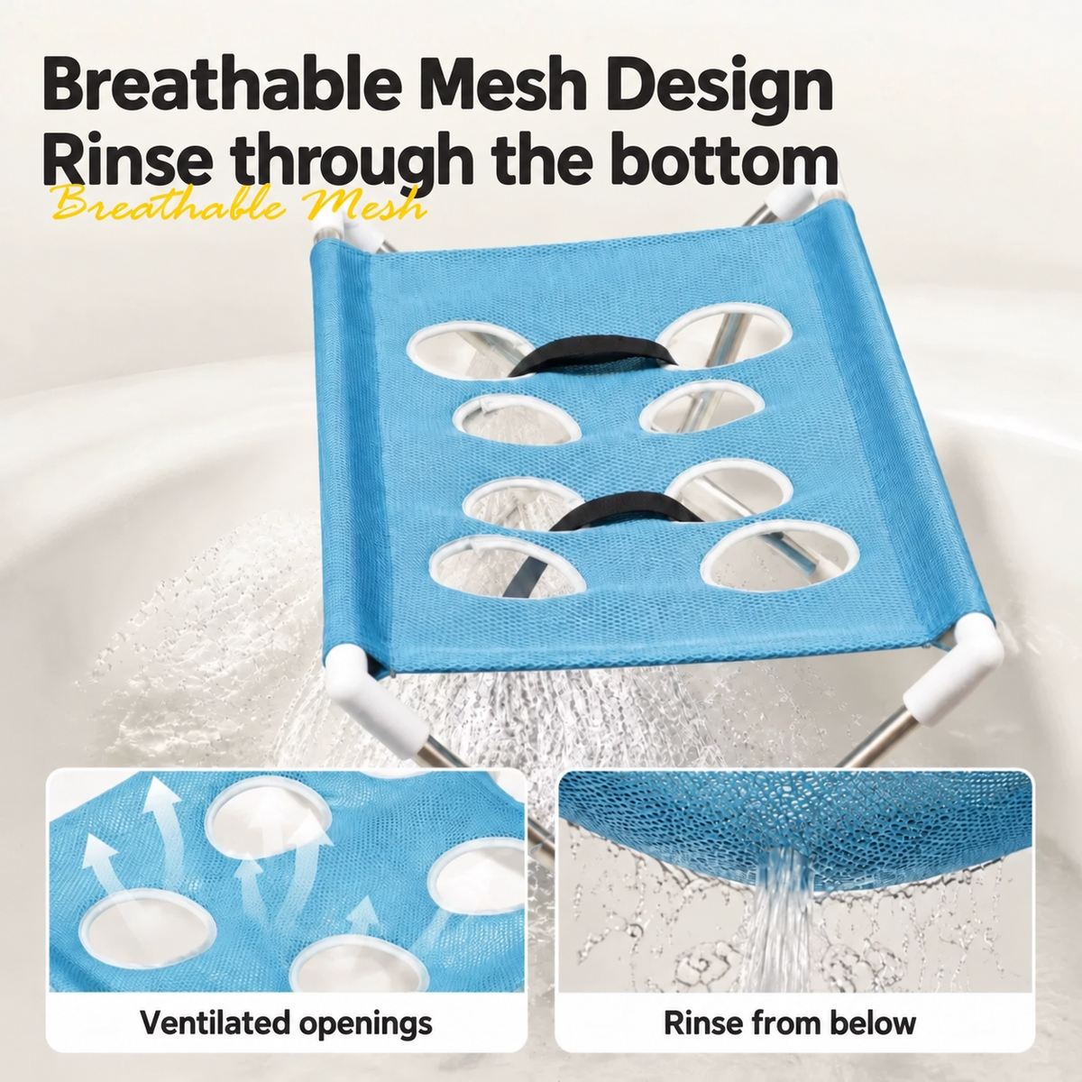 Drain-through mesh and leg openings