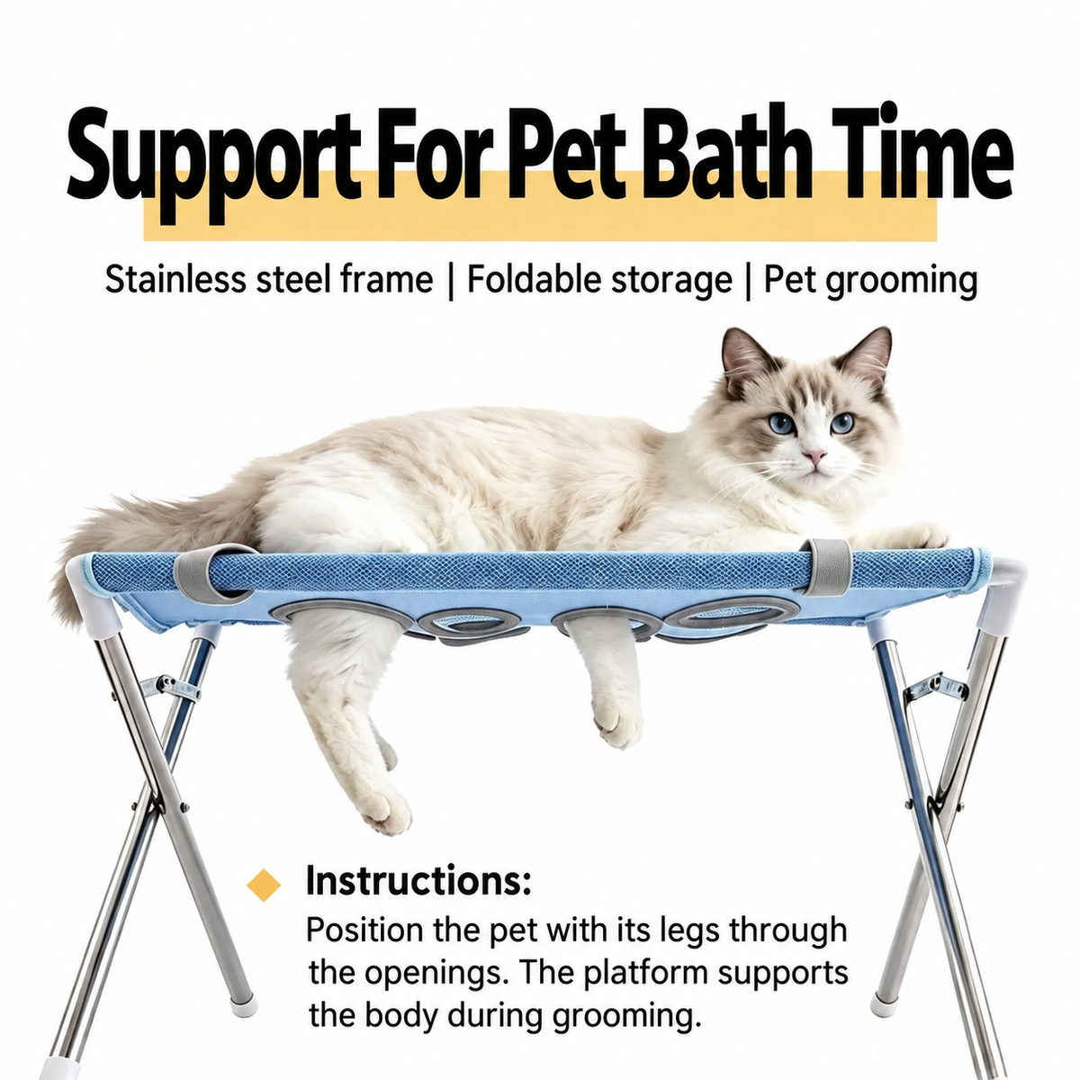 Cat supported by the mesh grooming platform