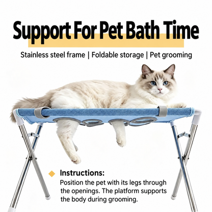 Cat supported by the mesh grooming platform