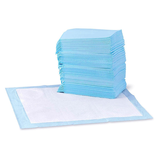 A large stack of light blue disposable training pads placed on top of a single unfolded pad showing its white absorbent top surface and blue backing, against a white background.