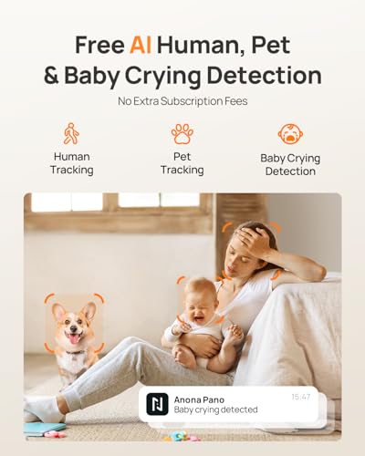 Promotional graphic for a security camera's free AI detection features: Human Tracking, Pet Tracking, and Baby Crying Detection with no subscription fees. Lifestyle photo shows a tired mother holding a crying baby beside a corgi, with orange tracking overlays and an app notification reading 'Baby crying detected.'