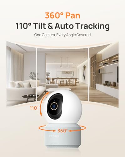 White dome-shaped indoor security camera on a rotating base, shown against a three-panel home interior backdrop. Text reads '360 degree Pan, 110 degree Tilt & Auto Tracking - One Camera, Every Angle Covered.' Orange arrows illustrate pan and tilt range.